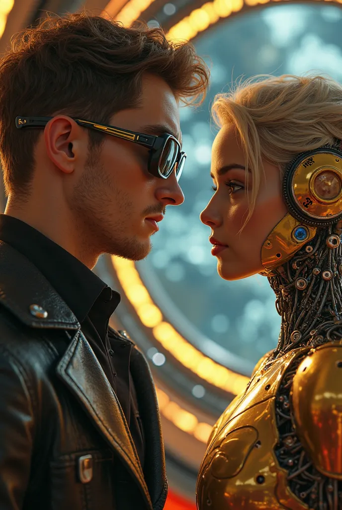 A futuristic version of Jack and Rose from Titanic, Jack is a young hacker with cyberpunk-style glasses, and Rose is an advanced humanoid robot with golden mechanical features, set in a luxury spaceship interior, cinematic lighting, ultra-detailed, 8K.