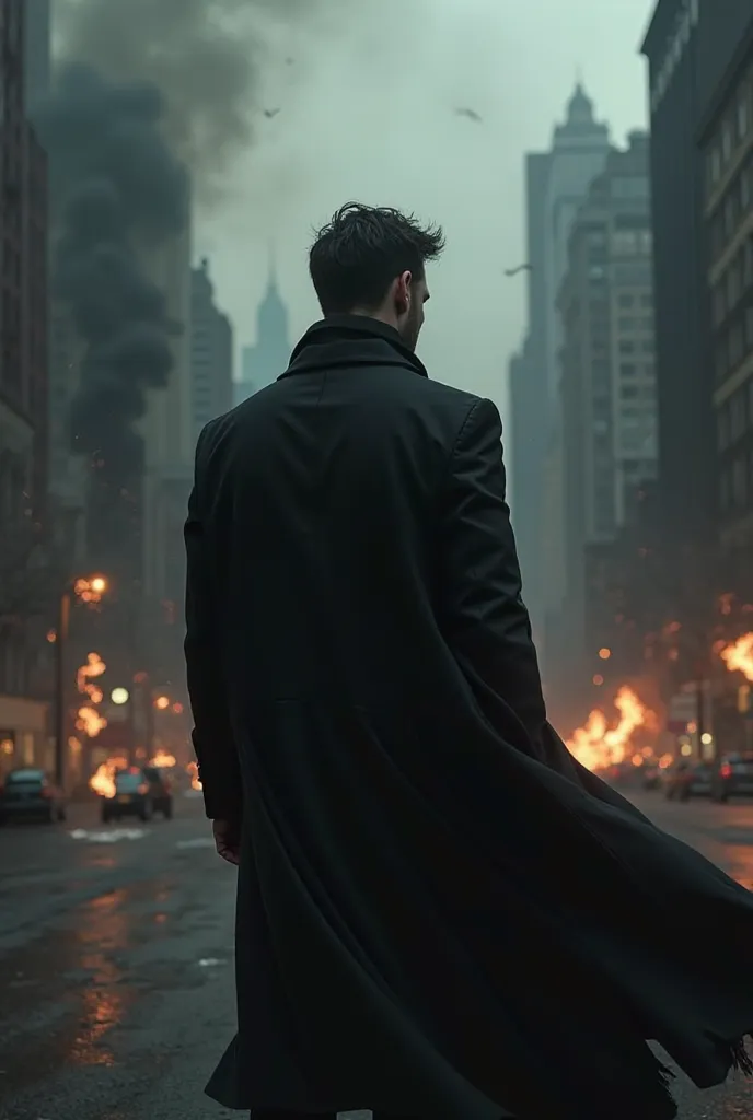 A man in a black coat with his back to the camera, with a city with fire in the background