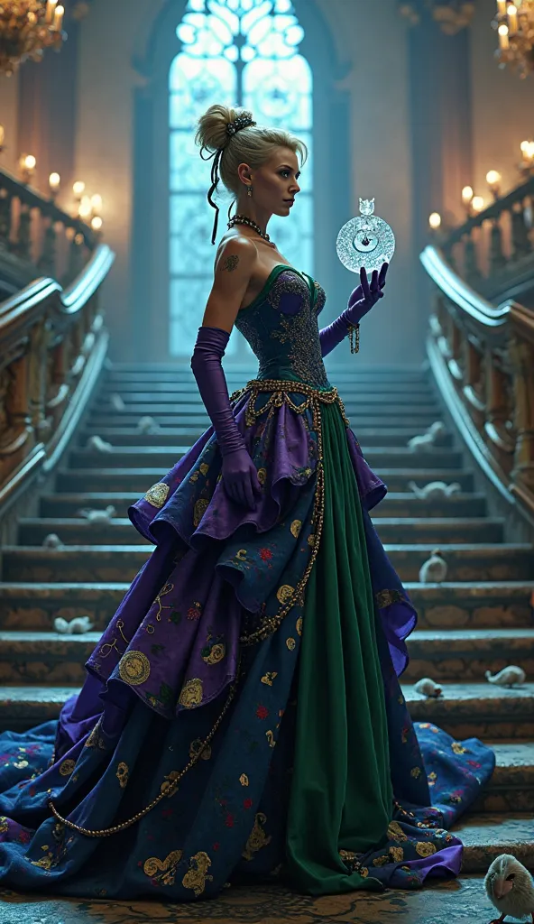 A bewitching midnight trickster stands on a grand staircase that's half palace, half carnival. The character has Cinderella's blonde hair styled in an elegant updo with green-tinged strands that defy gravity at the ends. Their face combines Cinderella's de...