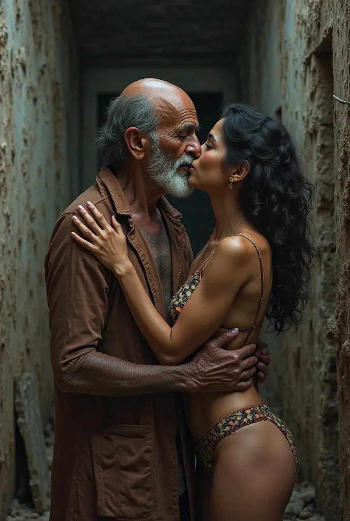 Old and bald begger kissing a young fair Indian woman's lips inside a abandoned buliding,who wearing indian bra and panty 