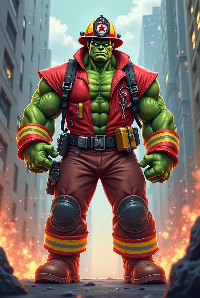 Animated Hulk dressed as a firefighter