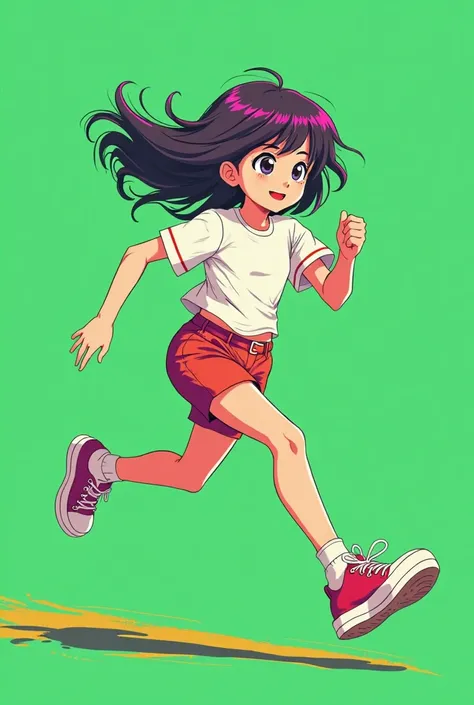 A vector-style girl with anime features running in orthogonal side view with solid green background 255