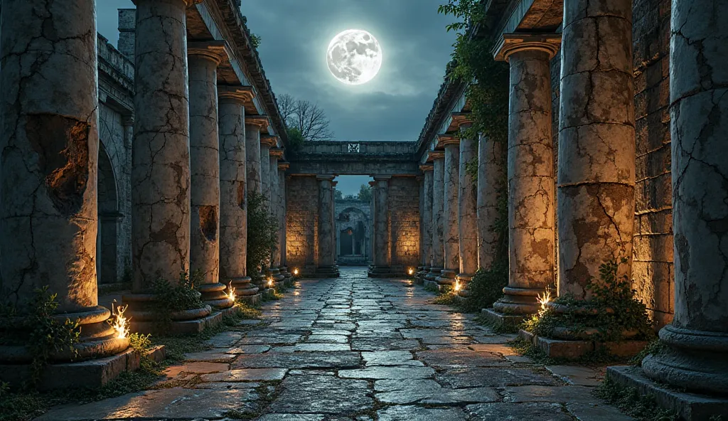 A secluded courtyard of an ancient Roman temple, bathed in the pale glow of a full silver moon. The worn marble columns stand tall, their surfaces cracked with age but still exuding an air of grandeur. Ivy creeps over the stone, weaving through the intrica...