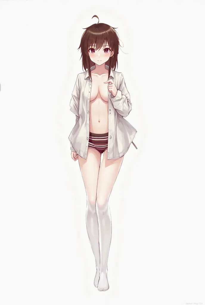 Draw an anime girl dressed in an open shirt that shows her shower from the bottom she has a mini skirt with striped briefs underneath,she has knee-length white stockings on her feet. Anime girl is standing with one leg raised. That's why you can see her pa...