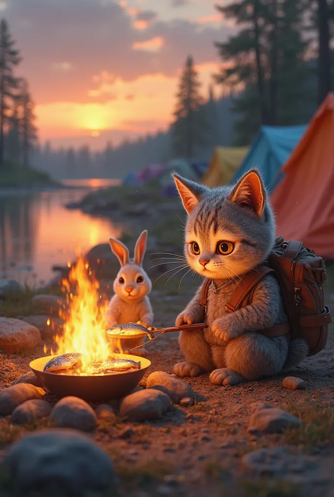 A small, adorable humanoid creature with the face of a cat and the body of a human sits near a warm, glowing campfire by the riverside during sunset. The creature carries a backpack and is carefully frying a fish in a small pan over the fire. Its feline wh...