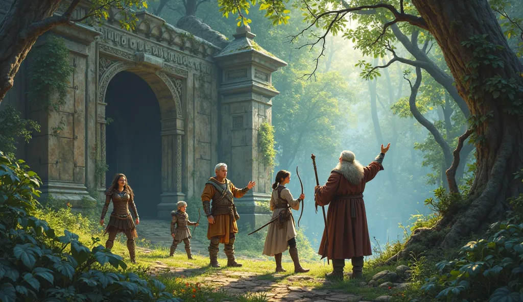  fantasy、young man warrior with a sword、 Witch、Archer woman、a wizard with a cane is surprised to find a large old ruins during an adventure deep in the woods。count４people。