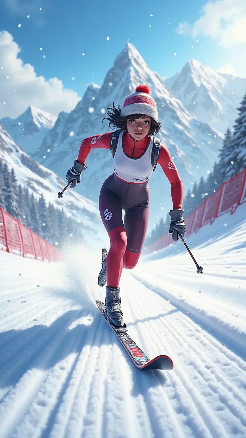 (best quality, masterpiece, photorealistic, elaborate details:1.2), Snowy mountains in background, Speed skiing competition, close-up of female skier, (short dark hair, dark brown skin, big eyes, double eyelids, hourglass figure, athlete figure, large brea...