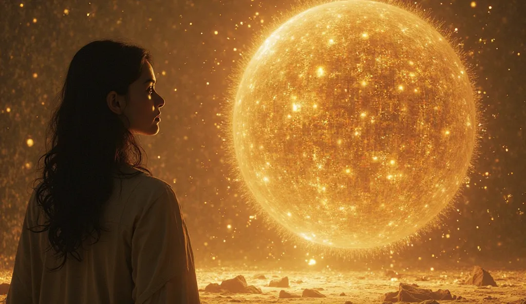 Dr. Elena Vasquez standing before a massive floating sphere of data—the final encryption barrier. The sphere pulses with golden light, shifting and evolving, with fragments of alien-like symbols appearing and disappearing. Kairo, glowing faintly, is reachi...