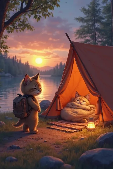 A small, adorable humanoid creature with the face of a cat and the body of a human walks toward a cozy tourist tent set up near a calm riverside during sunset. The creature carries a backpack, its feline ears slightly drooping with exhaustion. The sky is p...