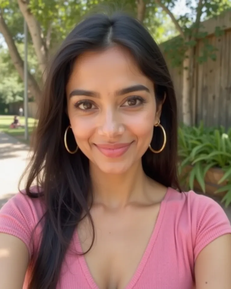 A  pakistani woman of medium skin tone and appears to be in her 30s. She is wearing a pink, V-neck, ribbed summer  top  along the neckline.  She is wearing gold hoop earrings.  she has long straight black hair. Her expression is neutral, with a soft, subtl...