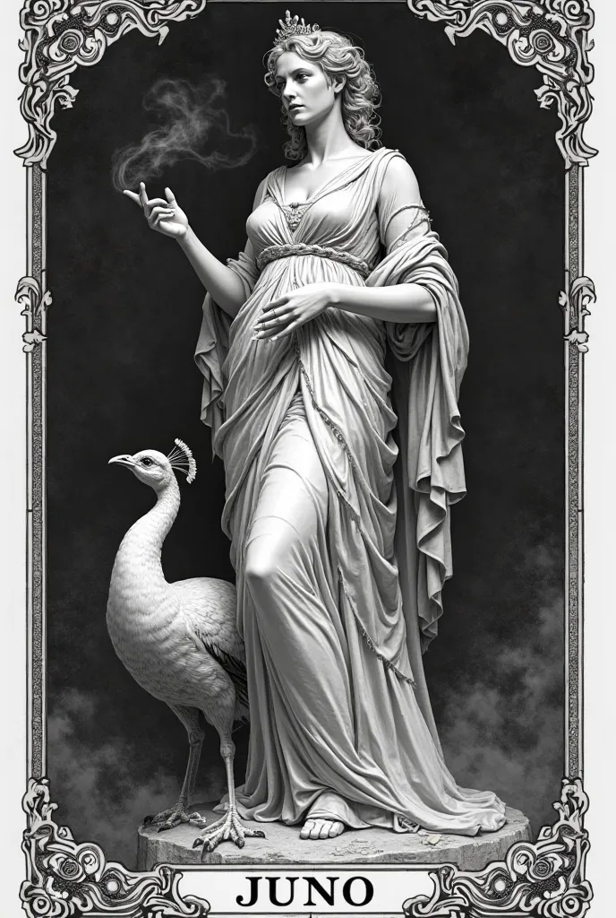 Black and white Drawing of Juno the Greek goddess with a peacock in a tarot card. Juno has to look like a statue