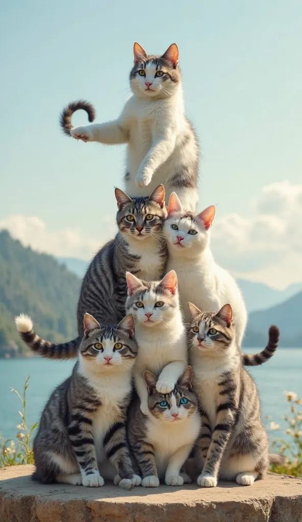 This whimsical and enchanting image features a playful group of seven cats, artfully arranged in a pyramid formation reminiscent of acrobatic or cheerleading stunts. At the top, a white cat with gray stripes balances elegantly on its hind legs, while the s...