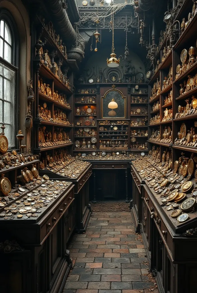 An old and mysterious store filled with watches of all types, with dark wooden shelves and many clockwork mechanisms on display.  Soft light enters through the windows , illuminating the old and detailed pieces. The environment has a sense of mystery and w...