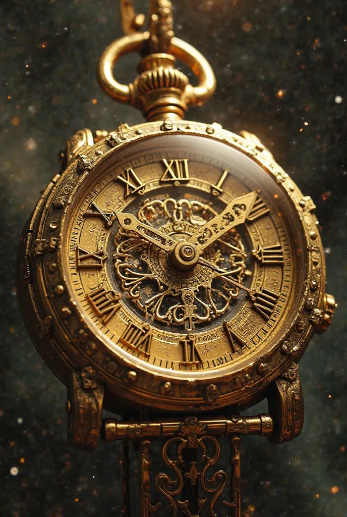 An extremely detailed gold watch, with visible gears and a soft glow. The watch has mysterious inscriptions and symbols hidden inside.  He seems to be in motion , with the pointers moving rapidly, as if it were altering the time