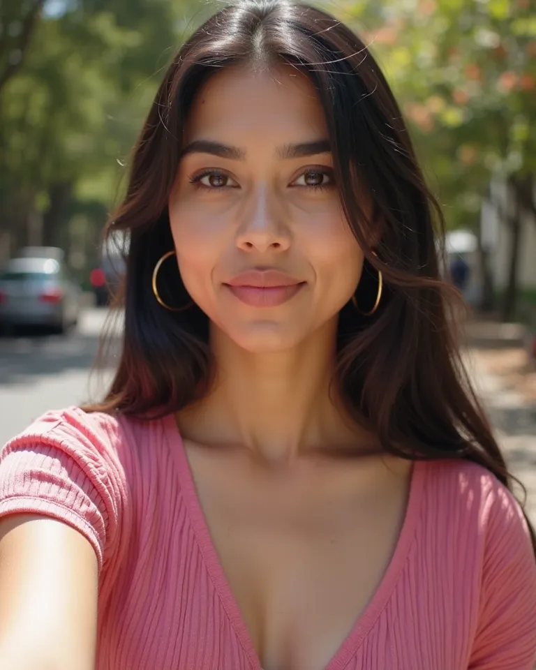 A  pakistani woman of medium skin tone and appears to be in her 30s. She is wearing a pink, V-neck, ribbed summer  t shirt  along the neckline.  She is wearing gold hoop earrings.  she has long straight black hair. Her expression is neutral, with a soft, s...