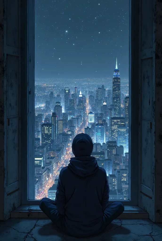 man sitting in a building wearing balaclavas and hoodie at night watching the city at night anime style
