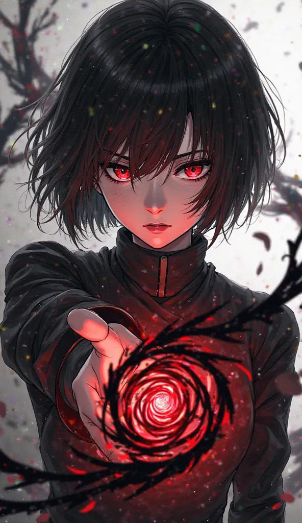 An anime girl with black spiral powers and red eyes, serious expression, short black hair. front body.