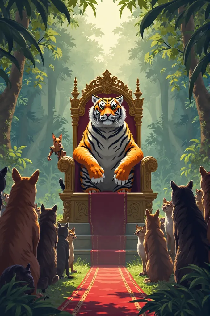 The Grand Assembly"
Illustration Description: Illustrate a large gathering of jungle animals with the tiger sitting on his throne. The fox stands beside him, announcing the new laws. The animals should look nervous and uncertain