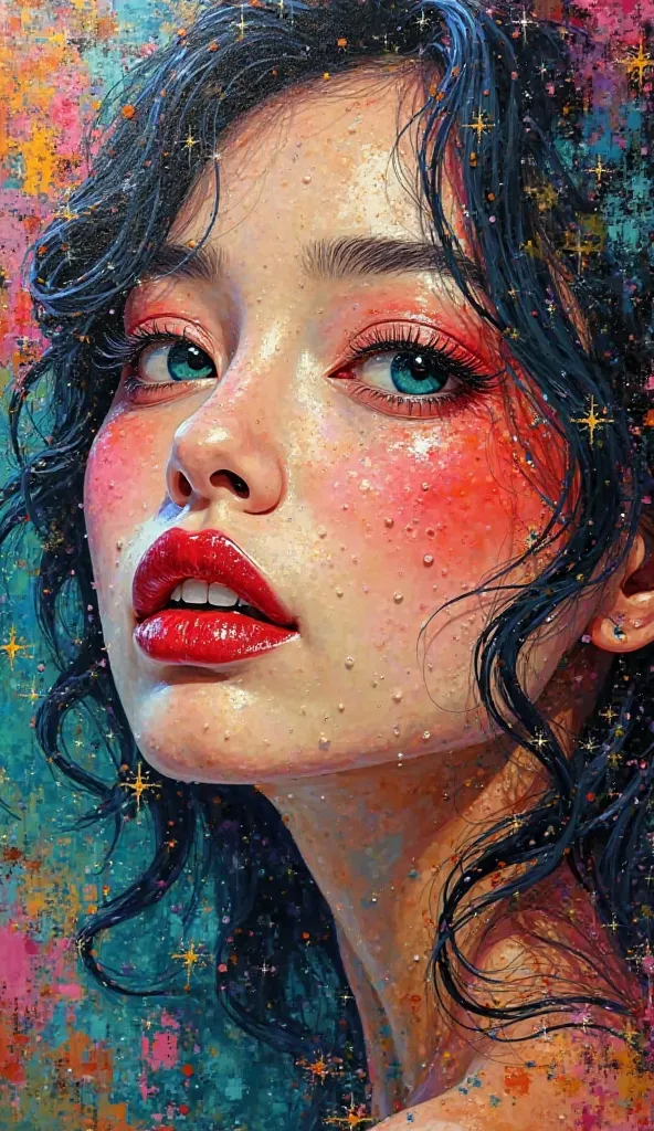 Mosaic Impasto Cubism, abstract, chaotic, unstructured, beautiful Asian woman, glittery red lips, dark teal eyes, wispy eyelashes, coy smile.