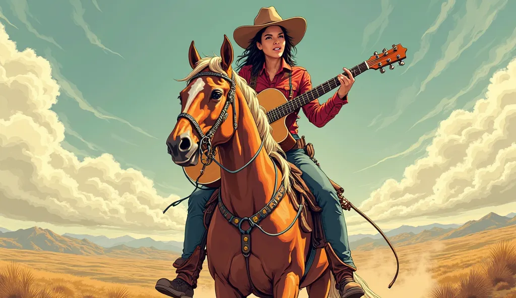 Cowgirl with guitar on a horse anime type or illustration