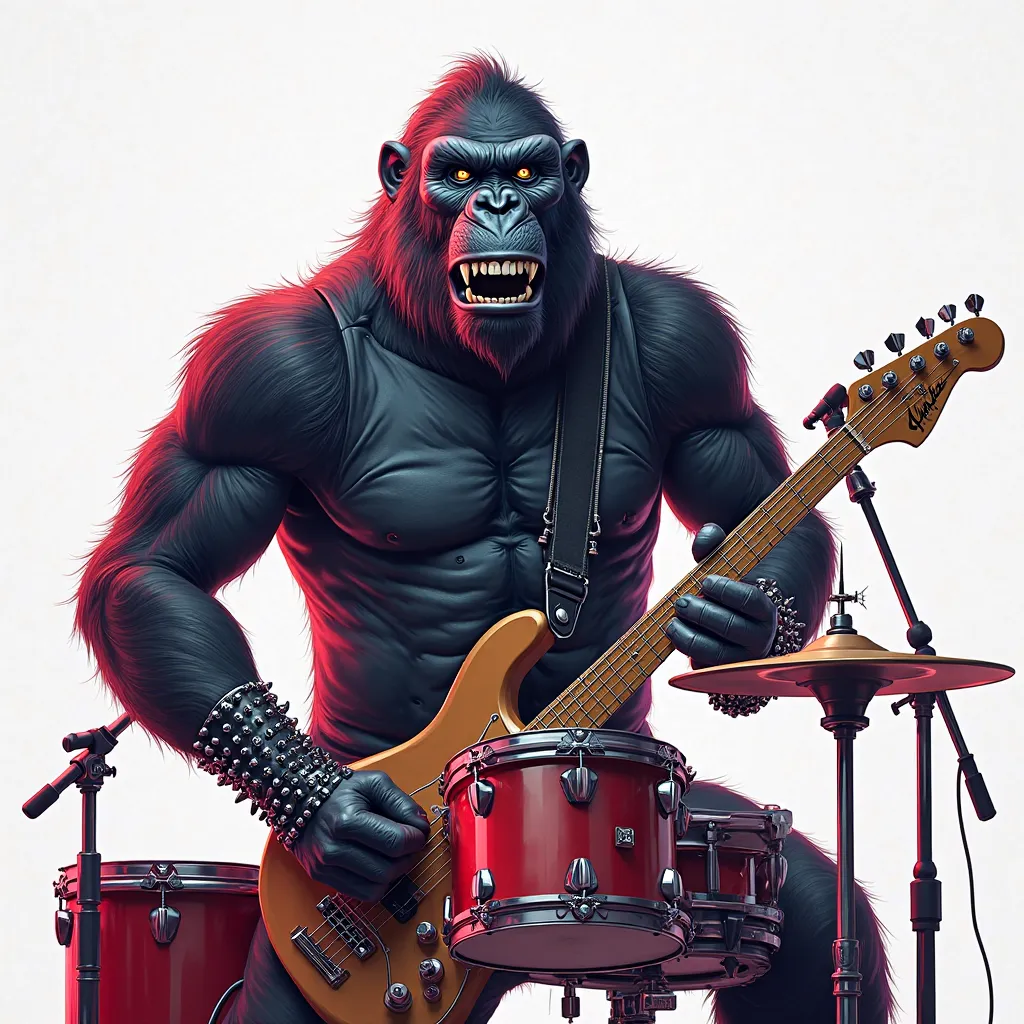 Art print gorilla rocker playing drums doing a show, Centralized, white background