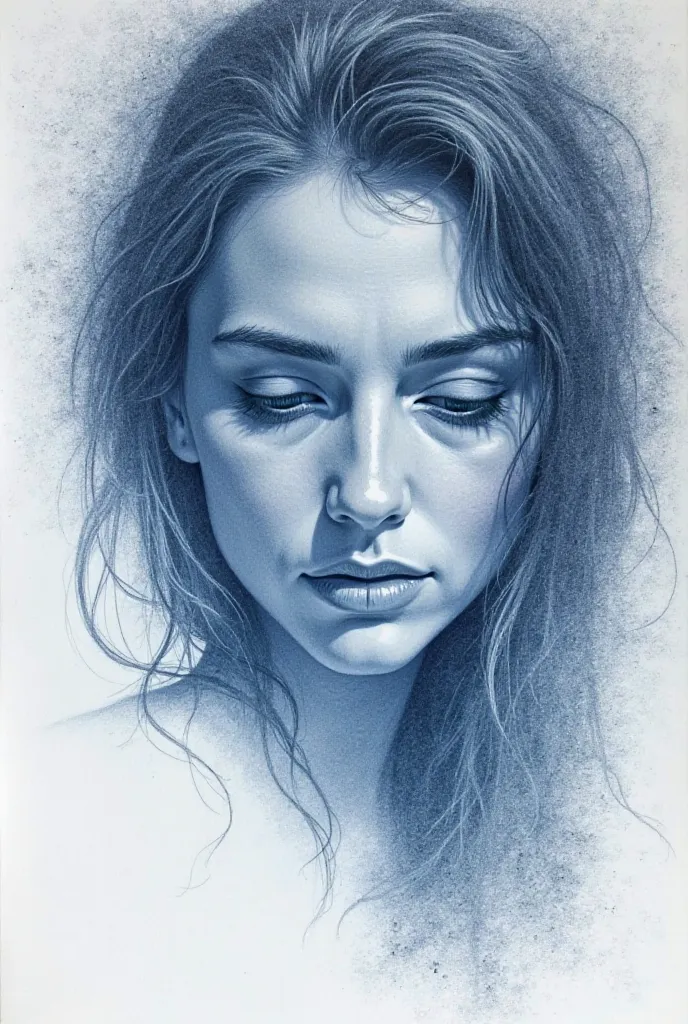 Lonely women's face with blue colour by pencil art 