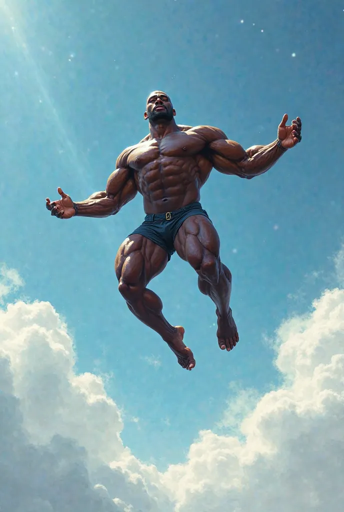 Black fat bodybuilder man  flying  on aire