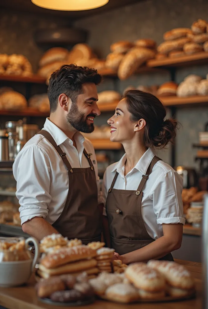 Middle shot of a couple behind a bakery counter,  memories,  Professional , High quality image