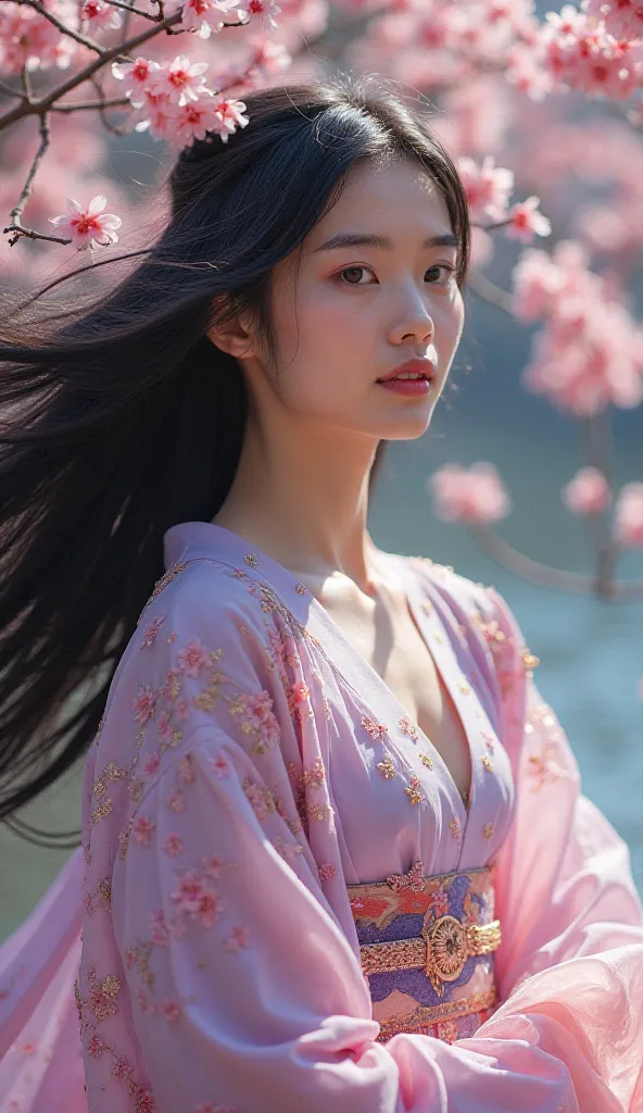 Prompts (Midjourney)
A photography for Advertising of A beautiful stunning woman with flowing black hair adorned with cherry blossoms, wearing a flowing hanfu in shades of pink and lavender, ethereal lighting, soft focus, intricate embroidery, detailed tex...