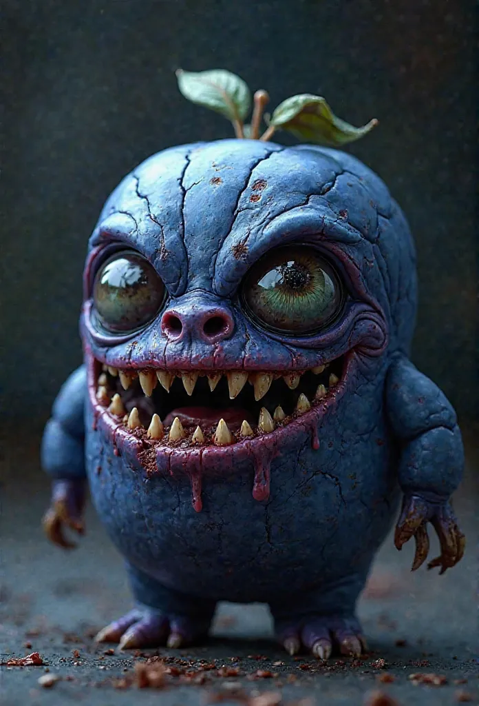 A hyper-realistic, ultra-detailed 4K render of a monstrous, living blueberry creature with disturbingly organic features. Its skin is deep blue-purple, slightly wrinkled, and stretched over an overripe, swollen body, with small cracks revealing glimpses of...