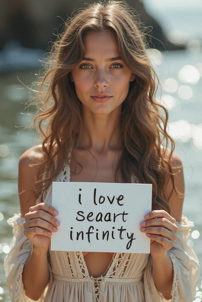 Beautiful girl with wavy long hair, bohemian dress, holding a white board with text "I Love Seaart Infinity" and showing it to the viewer