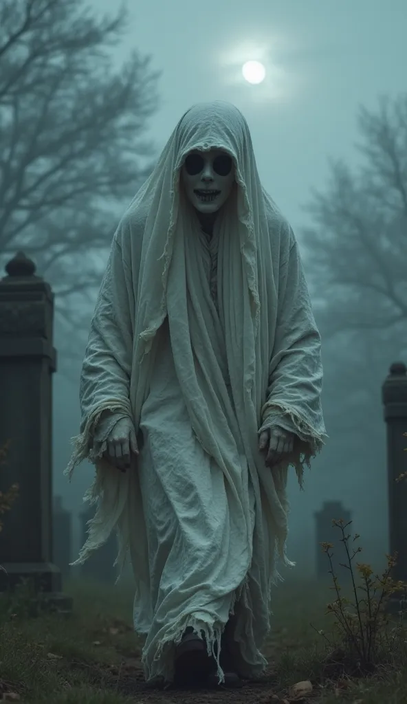 A ghostly figure wrapped tightly in a white burial shroud, its pale face peeking through an opening. Its hollow black eyes stare lifelessly as it hops through a foggy graveyard under a dimly lit moon. The old, tattered fabric of its shroud flutters as an e...