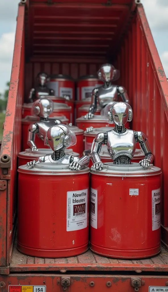 (photorealism:1.2), in a truck hopper, There are a group of  beautiful women robot full body,  They are inside red aluminum boxes with a barcode with logo and with transparent plastic lids., They are placed as if they were products