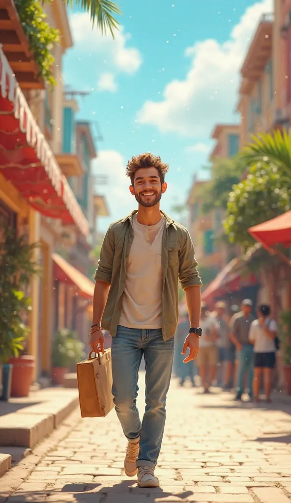 A cheerful young man in his mid-20s, casually dressed, walking down a sunny street with a bright smile on his face, greeting people warmly.
