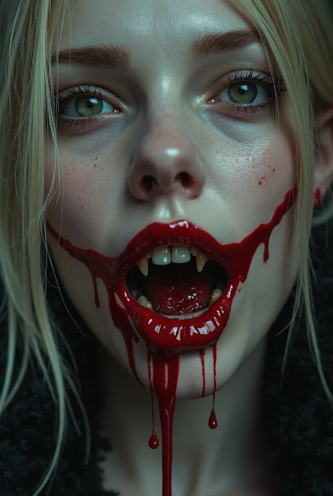 Just the words "The" "Real" "Snoopy" inside the mouth of a blonde female vampire with sharp fangs. The words are red liquid