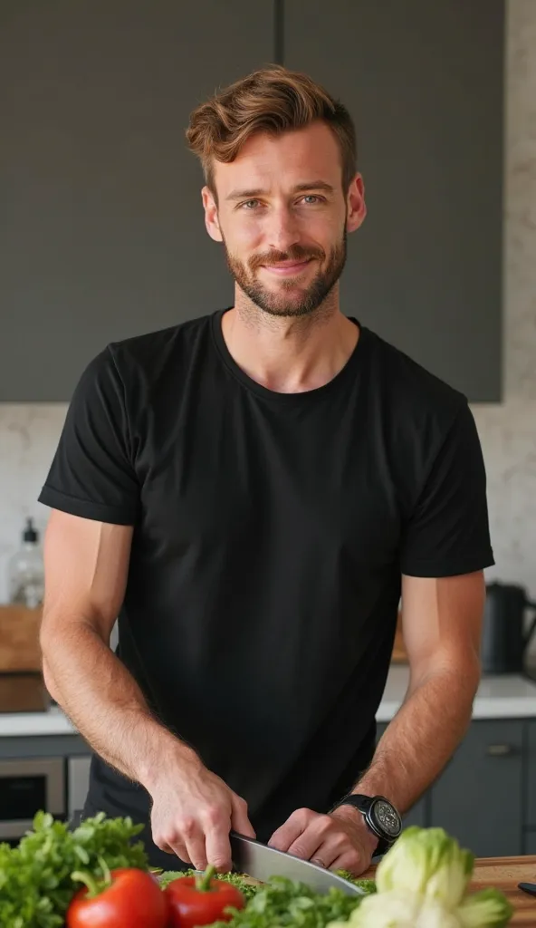 A tall, thin man with short, light brown hair, a trimmed beard and a serious, focused expression. He is wearing a basic black pima cotton t-shirt with a rounded collar and lightweight fabric that feels comfortable and soft to the touch. He is not wearing a...