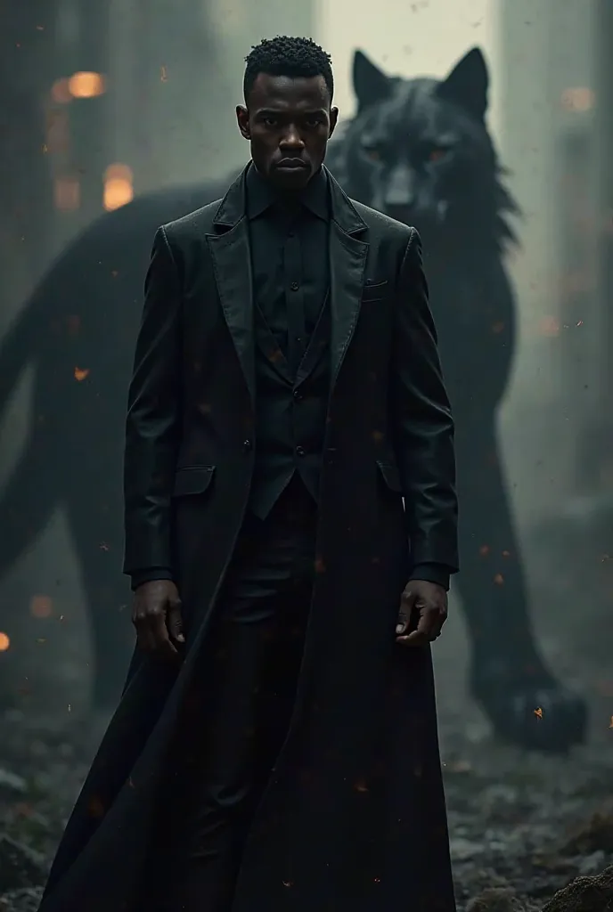 Black , Wearing Black Suit with Black Panther background.