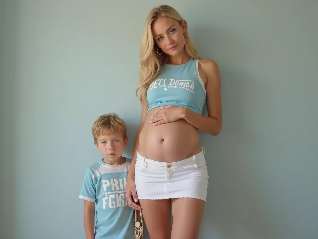  Full body photo of a beautiful tall blond woman with a blue-eyed face, and 22 years old .  She is pregnant in a very advanced state of pregnancy .  She wears a sky blue top around her beautiful breasts that leaves her belly in the air and with the letters...