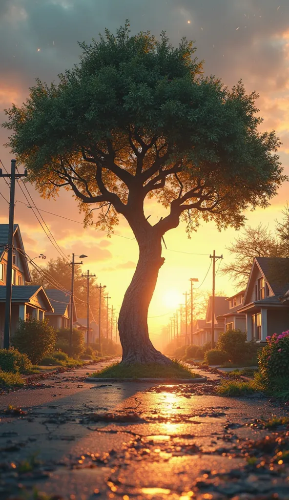 Create a Disney Pixar style heroic wide shot of a bent tree standing tall in a devastated neighborhood. The subject is placed center frame and is glistening with rainwater, untouched by the storm. The point of view is slightly low, and the lighting should ...