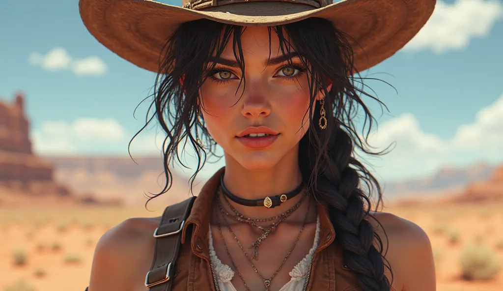 Beautiful cowgirl looking at the camera, Does he have a hat because he's a cowboy, Like anime or illustrator