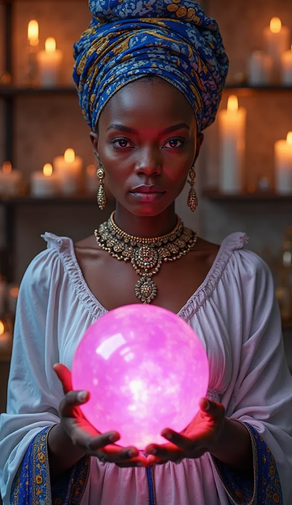 A African women 50 years old in hand pink crystal ball,a behind candal in the showcase ,wear a full dress and dress color white and blue, turban a head jewelry in the throat,