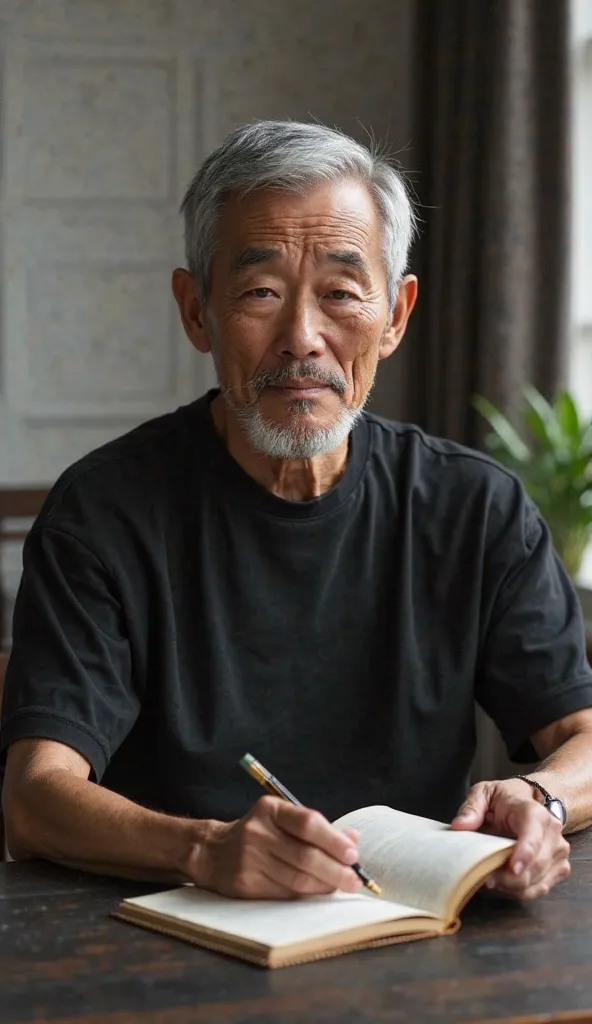 A short, thin, elderly Japanese man with short gray hair and a serious expression. He wears a basic black techno-modal T-shirt, perfectly showing off his subtle physique without exaggerating. He is not wearing a cap. He is sitting in a minimalist home offi...