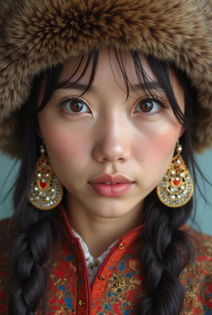 kyrgyz girl photo in magazine frontal photo in national clothes model asian face with head  narrow eyes 
big earrings fur hat mongolian under face