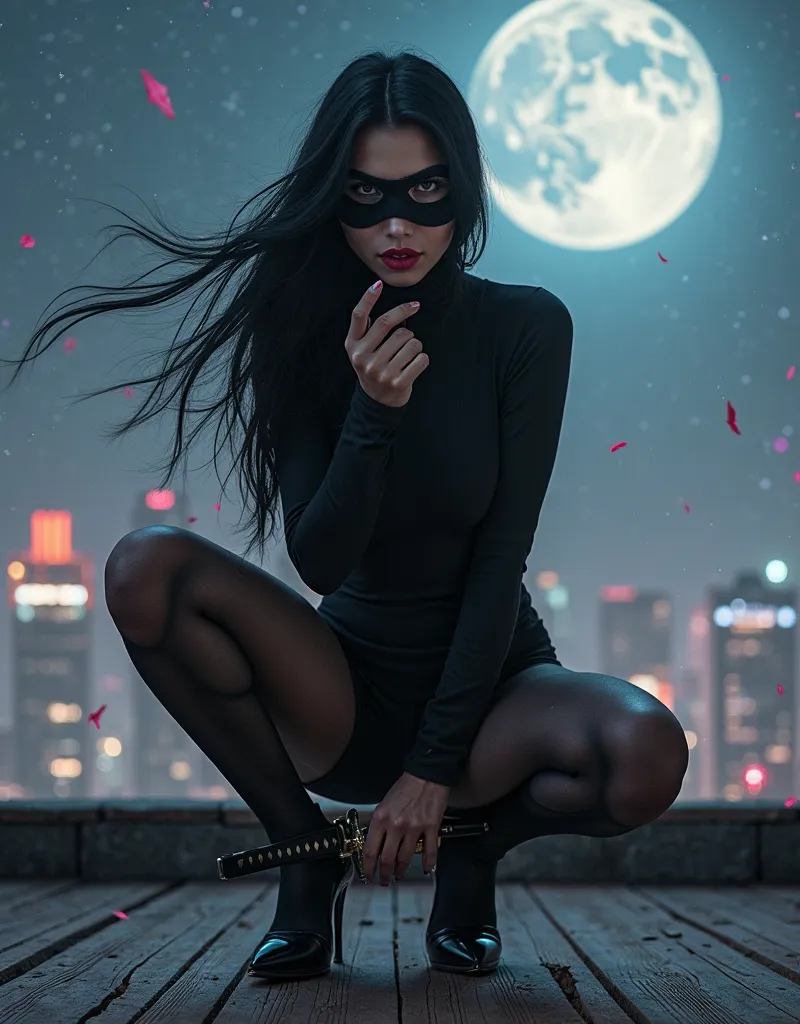 hot female ninja, crouching low on moonlit rooftop, one knee bent, extended leg emphasizing pantyhose-clad thighs, tight black bodysuit, high-cut thighs, sheer black pantyhose, glossy black stiletto heels, black ninja mask partially covering face, bold red...