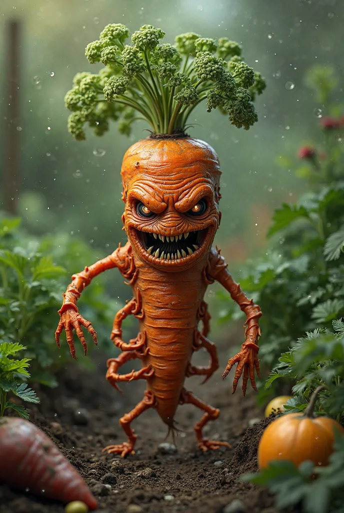 An evil carrot in a vegetable garden
