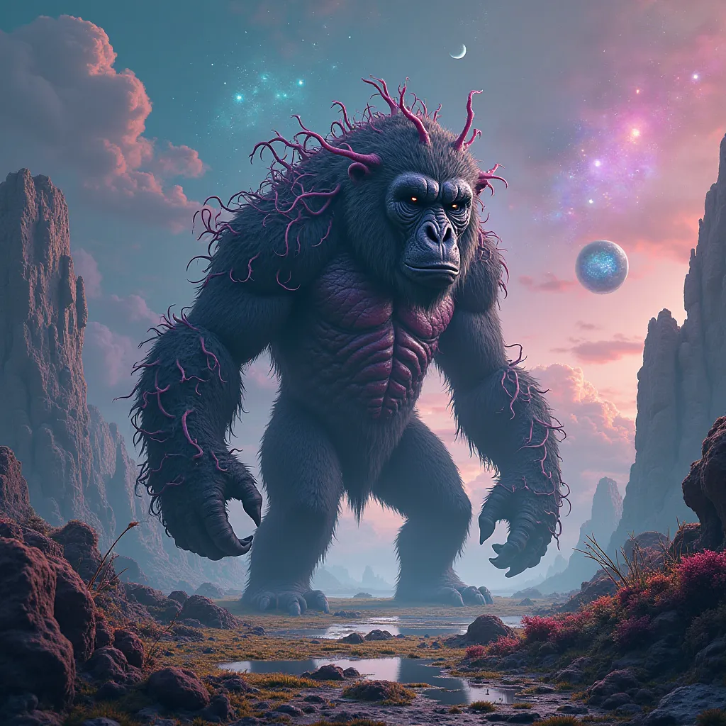 *"A monstrous gorilla hybrid standing on an alien planet with a surreal landscape. The background is consistent across all images: an extraterrestrial environment with floating rocks, glowing alien flora, and a sky filled with strange, colorful nebulae. Th...