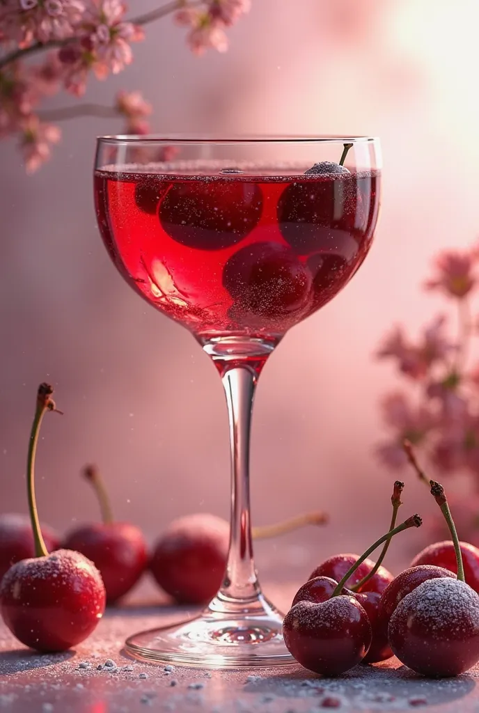 Create me an image of a cherry wine glass with cherries on the sides 