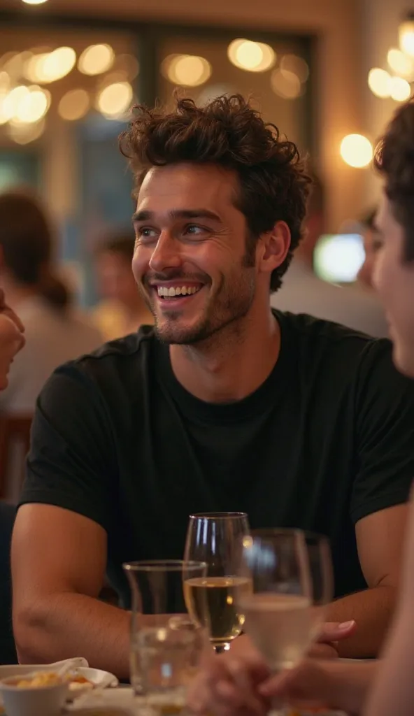 A tall, young man with thick curly hair, wearing a basic black pima cotton T-shirt with a perfect, elegant cut and no cap, is sitting at a table in a relaxed restaurant with warm ambient lighting, chatting animatedly with friends around him. The image is c...