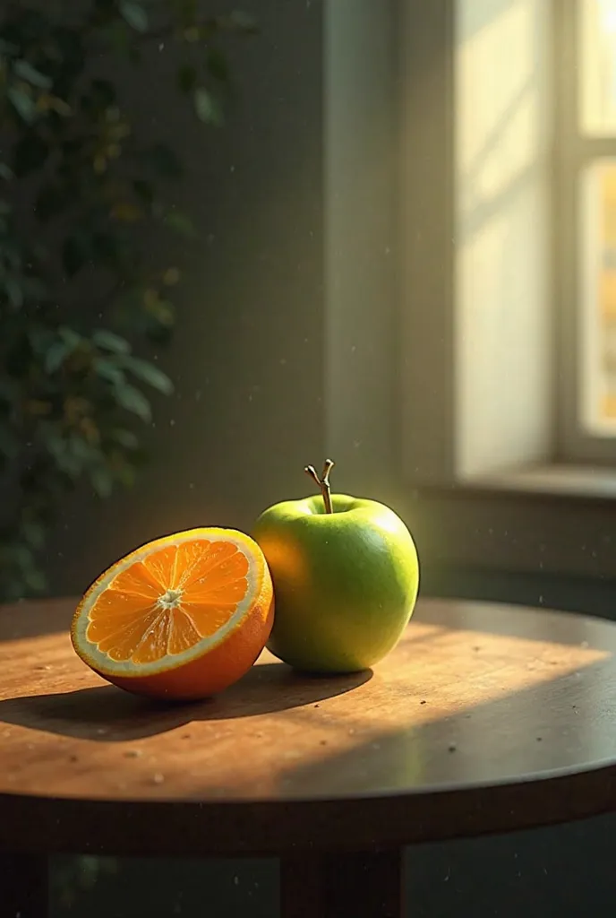 Green apple with orange cut in half on the side on a table in the window light in the dark