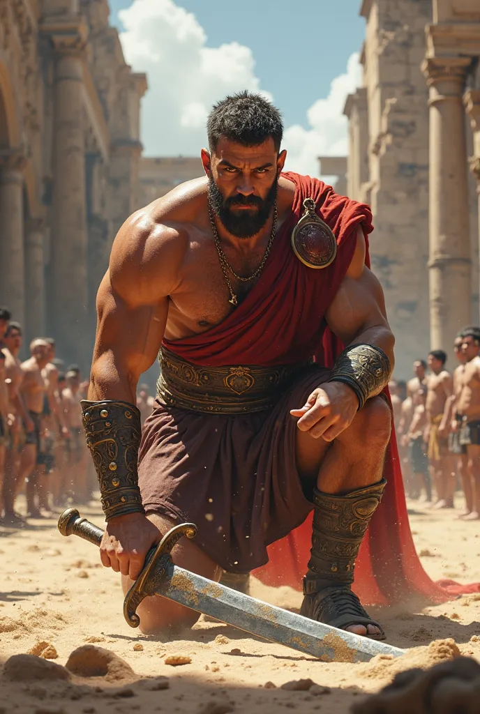 Create an image of a gladiator who is on his knees and is about to get up again with a lot of determination and holding a weapon in his hand, because he was landed by his fighter against 